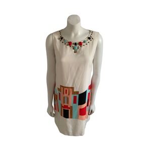 Vince‎ Camuto Shift Dress 6 White Excellent Geometric Skyline Embellished